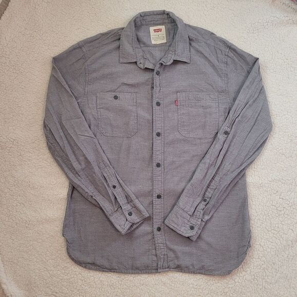 Levis Gray Button Front Collared Shirt Long Sleeve Roll Tab Casual Mens Medium - Picture 2 of 10